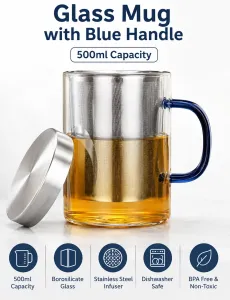 Glass Mug with Blue Handle 500ml – Heat & Fire Resistant