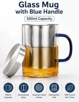 Glass Mug with Blue Handle 500ml – Heat & Fire Resistant