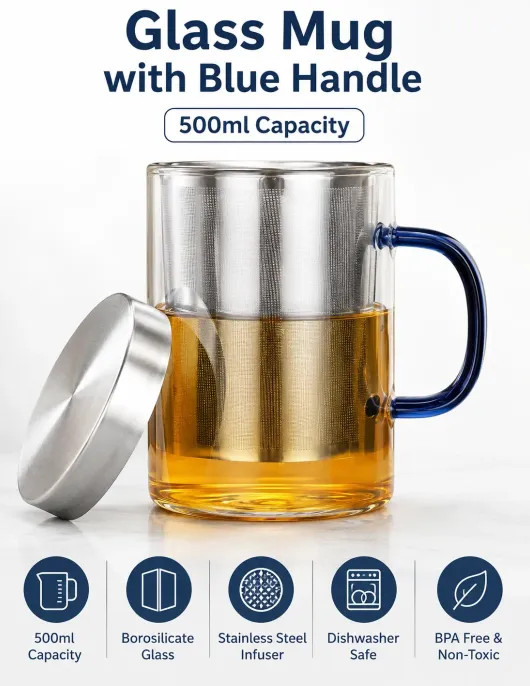Glass Mug with Blue Handle 500ml – Heat & Fire Resistant Glass Mug with Blue Handle 500ml – Heat & Fire Resistant