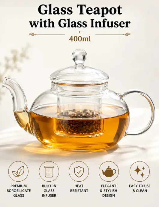 Round Borosilicate Glass Teapot with Glass Infuser 400ml Round Borosilicate Glass Teapot with Glass Infuser 400ml